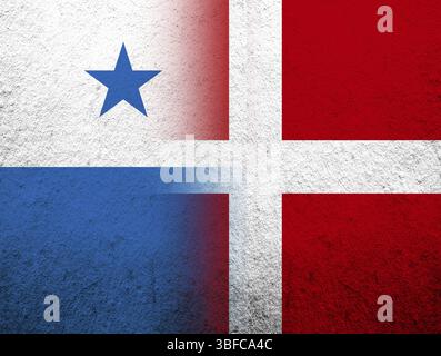 Die Nationalflagge des Königreichs Dänemark mit der Nationalflagge der Republik Panama. Grunge Hintergrund Stockfoto