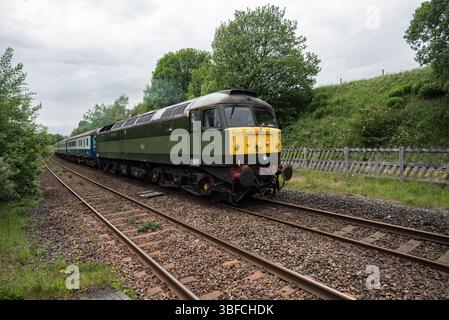 Große Western Class 47 Diesellokomotive 47815 in zweifarbigem Grün und Gelb, Pinsel Typ 4 Diesel-Elektrolokomotive, die den WestYorkshireman zurückgibt. Stockfoto