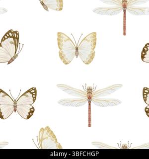 Aquarell Schmetterlinge und Libellen nahtloses Muster auf weiß. Schlichte fliegende Insekten in Pastellbeige für niedliche monochrome Designs und Babykleidung Stockfoto