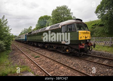 Große Western Class 47 Diesellokomotive 47815 in zweifarbigem Grün und Gelb, Pinsel Typ 4 Diesel-Elektrolokomotive, die den WestYorkshireman zurückgibt. Stockfoto