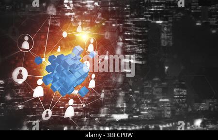 Konzeptionelle Hintergrundbild mit Cube Figur und sozialen Anschlussleitungen. 3D-Rendering Stockfoto
