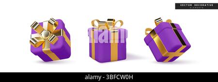 Blaue Geschenkboxen mit goldenen Bändern, festliche 3D-Vektor-Illustration Stock Vektor