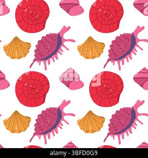 Lebendiges Muschelmuster mit verschiedenen Muscheln vor einem sauberen weißen Hintergrund Stock Vektor