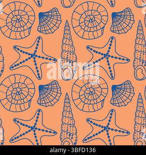 Nahtloses Muster mit Seestern und Muscheln auf orangefarbenem Hintergrund Stock Vektor