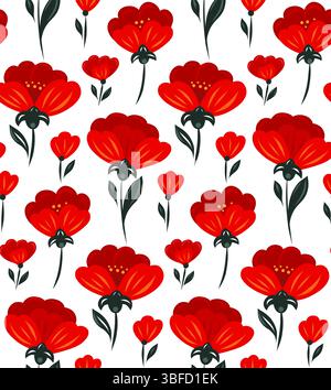 Dekoratives Vektor-Muster mit rotem Mohn in einer Reihe auf weißem Hintergrund. Florale Textur im Volkskunststil für Stoffe, Tapeten und Vorhänge. Stock Vektor