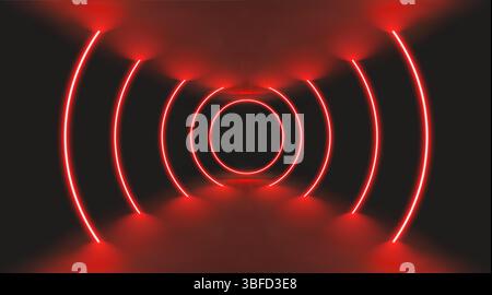 Roter Kasino-Hintergrund mit abstrakter Bühne und Neonschwarzlicht. Laserpfeile und leuchtende Linien bilden konzentrische 3D-LED-Ringleuchten. Futuristischer Retro Stock Vektor