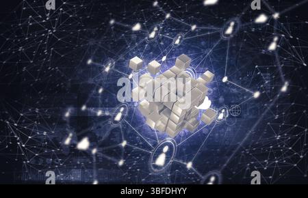 Konzeptionelle Hintergrundbild mit Cube Figur und sozialen Anschlussleitungen. 3D-Rendering Stockfoto