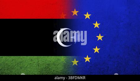 Flagge der Europäischen Union mit Libyen Nationalflagge. Grungen Hintergrund Stockfoto