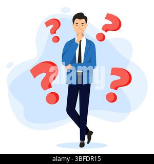Ein nachdenklicher Mann, umgeben von roten Fragezeichen. Vector Flat Cartoon denkt männliche Charakterillustration isoliert auf weißem Hintergrund. Geschäftsidee, S. Stock Vektor