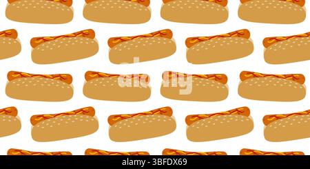 Hot Dog of Sesam Brötchen, Wurst mit Senf und Ketchup Streifen nahtloses Muster Fast Food Day Fond. Isolierte Vektor-Illustration Fast Food Thematische Designs, Grußkarten, Einladung, Banner, Etikett, Tag Stock Vektor