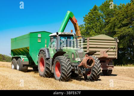 Traktor mit Laderwagen auf dem Kornfeld beim Nachladen in einen Anhänger - 9768 Stockfoto