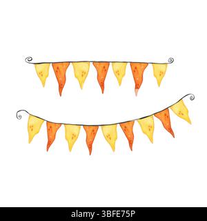 Set aus zwei Girlanden, gelben und orangen Fahnen auf schwarzem Faden Stockfoto