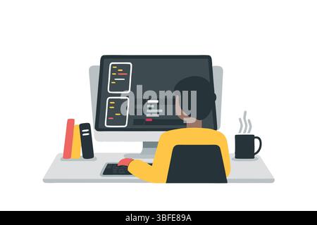 Remote Work Programmer Home Setup Young Black Man Coding Software Development Coding Skills Computer Screen Hot Coffee Stock Vektor