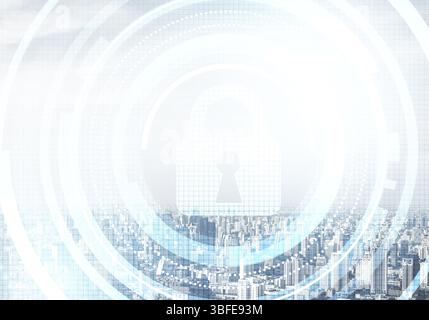 Globale cybersecurity mixed Media mit virtuellen Verriegelung Schloss auf dem Stadtbild Hintergrund. Daten Kryptographie und Surfen im Internet. Schutz p Stockfoto