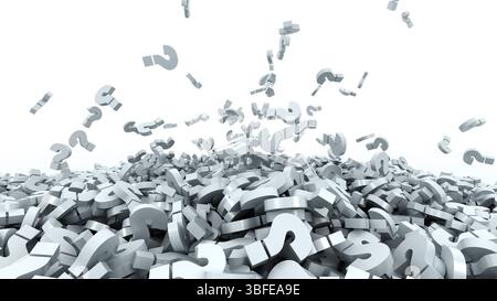 Weißer Hintergrund für 3D-Fragezeichen. 3D-Rendering-Fragen und Zweifel fallen in einen großen Haufen Stockfoto
