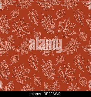 Nahtloser Herbstlaub-Stil mit Linienart auf rotem Hintergrund. Perfekt für Begrüßung, Einladung, Geschenkpapier, Textil. Stock Vektor