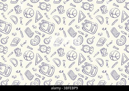 Nahtloses Muster im Back-to-School-Stil. Handgezeichnetes stationäres Illustrationsdesign auf beigefarbenem Hintergrund für Paket, Hintergrund. Stock Vektor