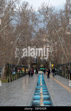 Teheran, Iran - 12. November 2023: Die Menschen laufen entlang des winterlichen Baumkorridors mit Bach Stockfoto