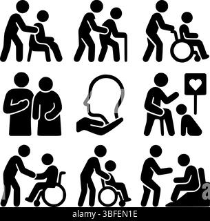 Pflege- und Unterstützungssymbole für ältere und behinderte Menschen Stock Vektor