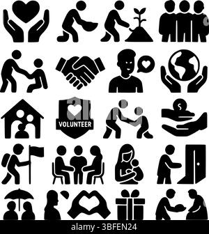 Community Support and Volunteer Icons – Vektorset für Wohltätigkeit, Freundlichkeit und soziale Hilfe Stock Vektor