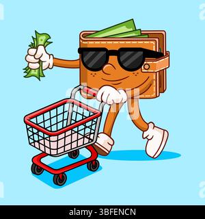 Brieftasche Charakter Shopping mit Geld Vektor Illustration Cartoon Design Stock Vektor