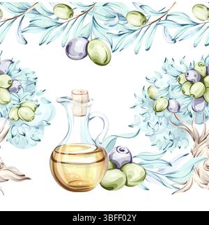 Oliven und Olivenöl in einem nahtlosen Rahmen mit einem wunderschönen Arrangement, das italienische Küche und Natur widerspiegelt Stock Vektor