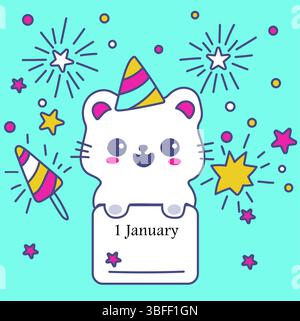 Flache Vektor-Illustration mit Katze, Sterne isoliertes Feuerwerk 1 januar Veranstaltung Stock Vektor