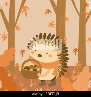 Herbstszene mit Igel mit Korb mit Pilzen, flacher Vektor-Cartoon Stock Vektor