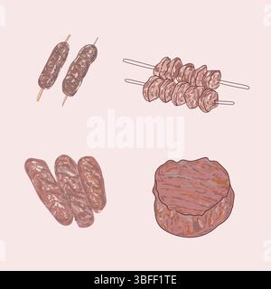 Sommer BBQ Food Set - Spieße, gegrillter Mais, Würstchen, Steak, Grill, Saucen im hellen flachen Vektorstil, isolierte Symbole auf weiß Stock Vektor