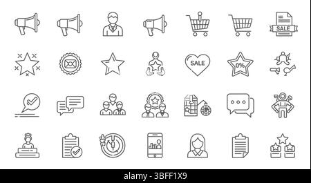 Satz von Vektorsymbolen für lineare Werbung, Symbolblatt. Stock Vektor