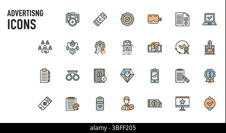 Satz von Vektorsymbolen für lineare Werbung, Symbolblatt. Stock Vektor