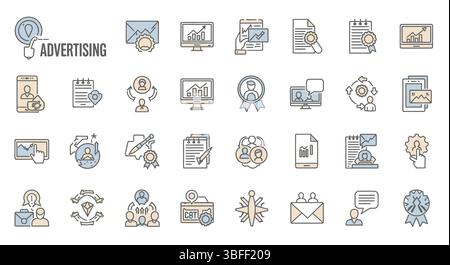 Satz von Vektorsymbolen für lineare Werbung, Symbolblatt. Stock Vektor