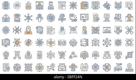 Set von linearen Vektorsymbolen für künstliche Intelligenz, Symbolblatt. Stock Vektor
