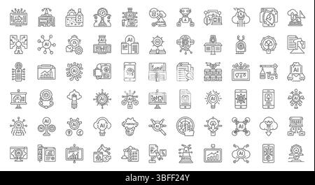 Set von linearen Vektorsymbolen für künstliche Intelligenz, Symbolblatt. Stock Vektor