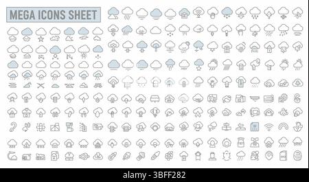 Set von Symbolen für lineare Wolkenvektoren, Symbolblatt. Stock Vektor