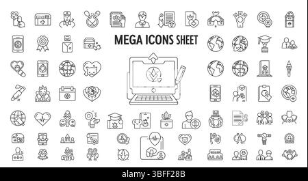 Set von linearen Vektorsymbolen für wohltätige Zwecke, Symbolblatt. Stock Vektor