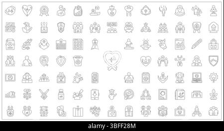 Set von linearen Vektorsymbolen für wohltätige Zwecke, Symbolblatt. Stock Vektor