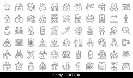 Set von linearen Vektorsymbolen für wohltätige Zwecke, Symbolblatt. Stock Vektor