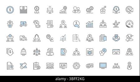 Set von linearen Vektorsymbolen für Unternehmen, Symbolblatt. Stock Vektor