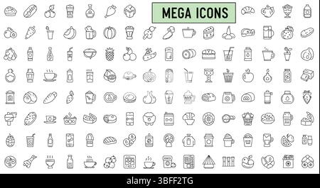 Set von linearen Vektorsymbolen für Lebensmittel und Getränke, Symbolblatt. Stock Vektor
