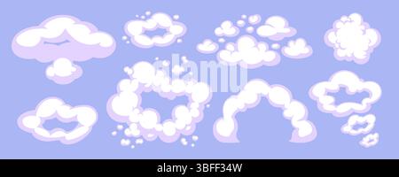 Zeichentrickwolkenvektor mit Comic-Rauch und Wolkenformen auf einem hellvioletten Hintergrund. Weiße und blassviolette Wolken im weichen Cartoon-Stil. Perfekt für Stock Vektor