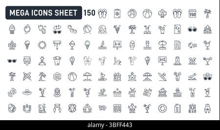 Set von linearen Sommer-Vektor-Symbolen, Symbolblatt. Stock Vektor