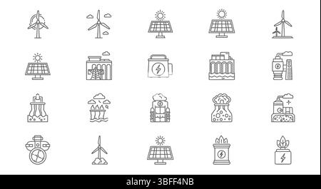 Set von linearen Vektorsymbolen für erneuerbare Energien, Symbolblatt. Stock Vektor
