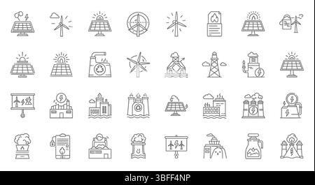 Set von linearen Vektorsymbolen für erneuerbare Energien, Symbolblatt. Stock Vektor