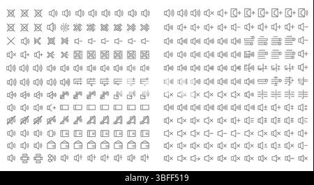 Set von Symbolen für lineare Volumenvektoren, Symbolblatt. Stock Vektor