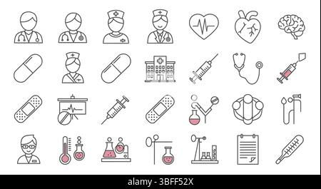 Set von Linear Medical Vector Icons, Symbolblatt. Stock Vektor