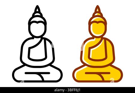 Symbol der thailändischen Buddha-Statue im südostasiatischen Theravada-Buddhismus. Goldene Farbe und Schwarzweiß-Strichkunst. Einfaches flaches Vektorsymbol. Stock Vektor