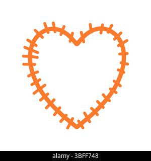 Handgezeichnete, genähte Herzumrandung in Orange verleiht Grußkarten oder Textilmotiven eine rustikale und heimelige Atmosphäre. Stock Vektor