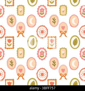 Wunderbares nahtloses Muster mit farbenfrohen Blumenrahmen, Herzen und botanischen Motiven, perfekt zum Einpacken von Papier, Textilien oder Tapeten. Stock Vektor
