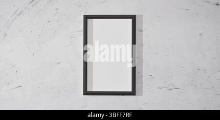Eleganter schwarzer Rahmen an einer modernen weißen Wand mit strukturierter Oberfläche. Saubere, minimalistische Einrichtung für Kunst, Fotografie oder Poster, geeignet für zu Hause, oder Stockfoto